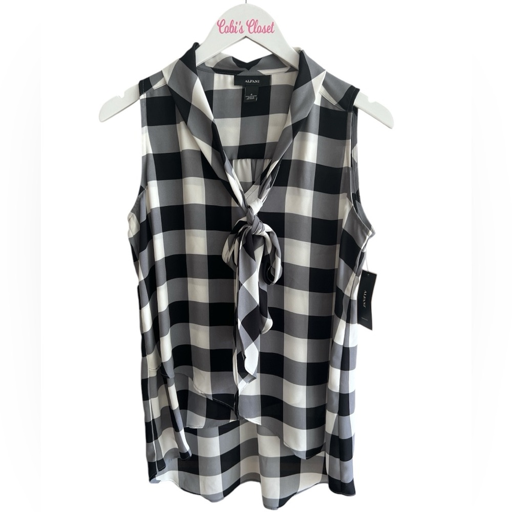 Alfani Womens Sleeveless Blouse, NWT, Size-6, Color-Black/White